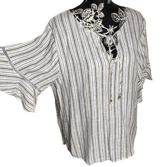 Ellen Tracy Linen Tie Neck Top Horizontal Striped Blouse Ruffled Flare Sleeves - Picture 4 of 6